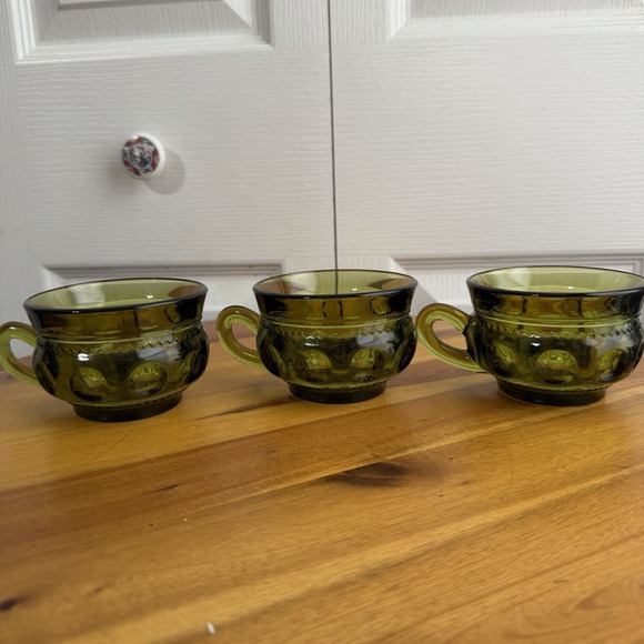 Indiana Glass Other - Indiana Glass Kings Crown Thumbprint Green Tea Cups Set Of 3 Cottage Granny VTG